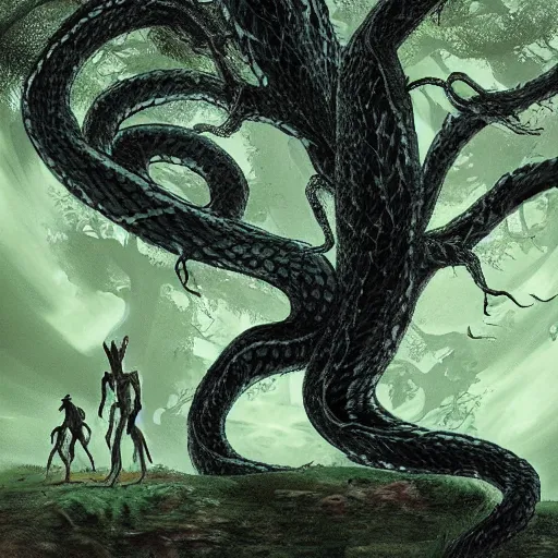 Image similar to A beautiful photograph of a large, looming creature with a long, snake-like body. The creature has many large, sharp teeth, and its eyes glow a eerie green. It is wrapped around a large tree, which is bent and broken under the creature's weight. There is a small figure in the foreground, clutching a sword, which is dwarfed by the size of the creature. mariachi by Marianne von Werefkin, by Worthington Whittredge manmade