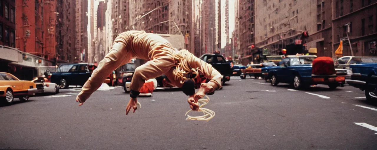 Prompt: !!! spaghetti, 1 9 8 0's breakdancing, nyc, canon 2 0 mm, wes anderson, kodachrome