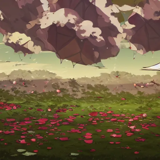 Image similar to background art of spaciously scattered longswords flowing and floating through the blowing swirling directional wind from left to right on a simple cloudy sky background, big puffy clouds, large individual rose petals, angular background elements, large polygonal fragments, anime, studio ghibli, artgerm, manga, trending on artstation, art nouveau, mature color scheme