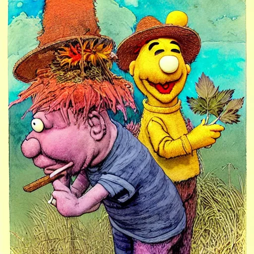 Image similar to a realistic and atmospheric watercolour fantasy character concept art portrait of bert and ernie with pink eyes smoking a huge blunt with a pot leaf nearby by rebecca guay, michael kaluta, charles vess and jean moebius giraud