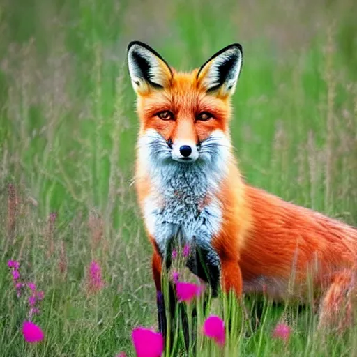 Image similar to a portrait of a fox in a field of beautiful flowers