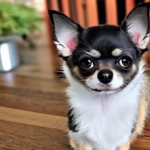 Image similar to a half chihuahua half cat hybrid with long fluffy cat tail and cat eyes, chihuahua body