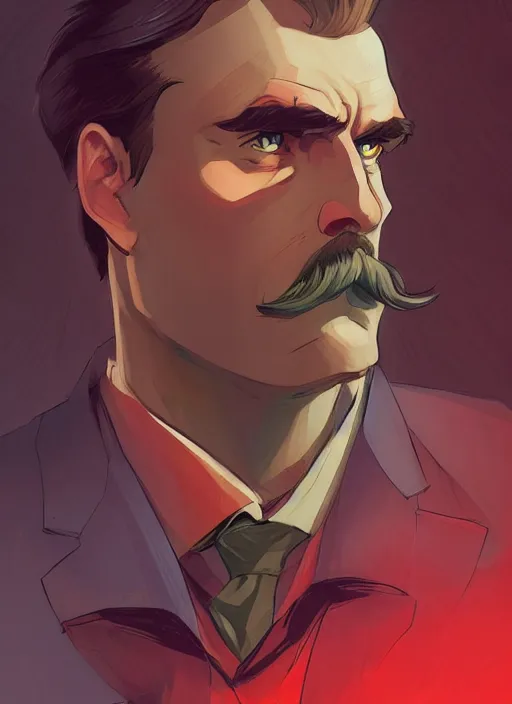 Prompt: Friedrich Nietzsche with a chiseled Jawline and serious Look, in his suit, in the Style of Artgerm and Charlie Bowater and Atey Ghailan and Mike Mignola, vibrant colors and hard shadows and strong rim light, Comic Cover Art, plain background, trending on artstation