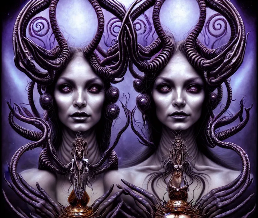 Image similar to A beautiful detailed alien goddess woman with 6 arms super dark tarot card, gorgeous model face by Stanley Artgerm, by tomasz alen kopera and Justin Gerard, 4 eyes, beautiful symmetrical features, ominous, magical realism, melting, texture, intricate, ornate, royally decorated, melting, whirling smoke, embers, purple adornments, blue torn fabric, radiant colors, fantasy, trending on artstation, volumetric lighting, micro details, 3d sculpture, ray tracing, 8k, anaglyph effect