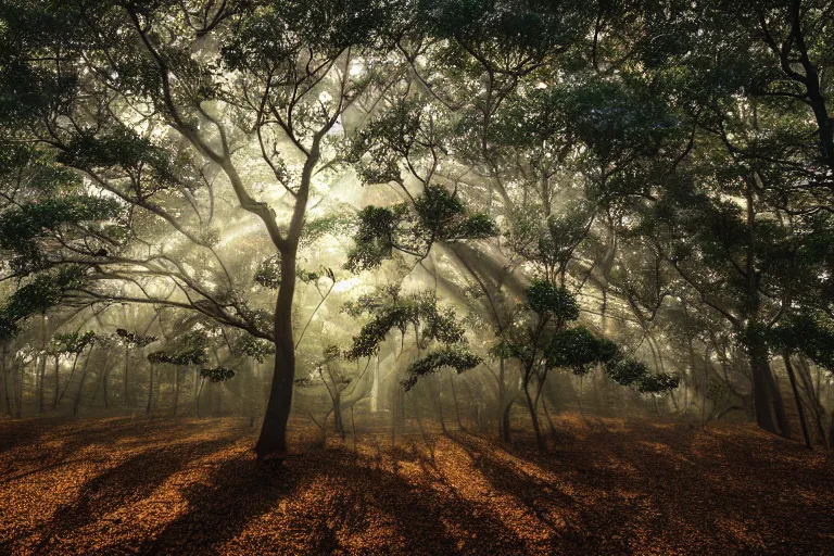 Image similar to portrait of crepe myrtle trees in a forest during a blizzard. golden hour. shadow and light. rays of light. energetic, dynamic, lively, detailed, intricate, complex. fine art by hayao miyazaki, akira toriyama, makoto shinkai, and ohara koson. studio lighting. tilt and shift lens. bokeh.