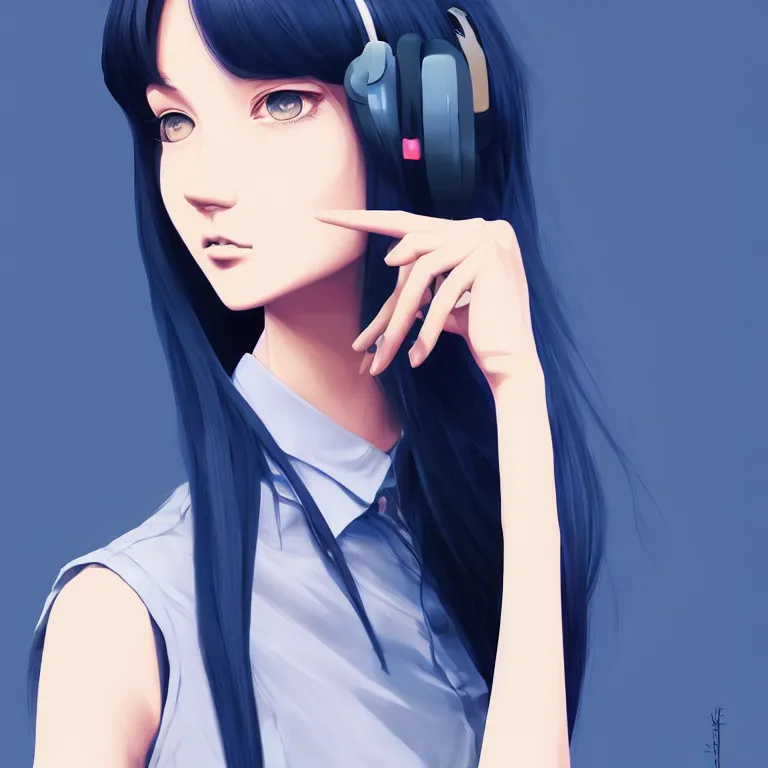 Image similar to urban high school girl in shirt fanart, dark blue long hair, muted colors, matte print, pastel colors, ornate, digital art, digital painting, fan art, elegant, artstation, by Ilya Kuvshinov