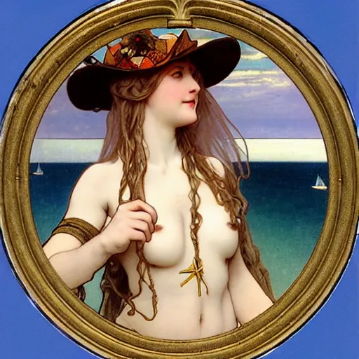 Prompt: A demon girl with jester hat and clothes on a greek archi circle on the front of a Balustrade with a beach and a sail boat on the background, major arcana cards, by paul delaroche, alphonse mucha and arnold böcklin arnold böcklin hyperrealistic 8k, very detailed