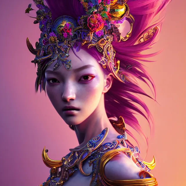 Prompt: studio portrait of colorful female divine mech dancer as absurdly beautiful, elegant, young sensual gravure idol, ultrafine hyperrealistic detailed face illustration by kim jung gi, irakli nadar, intricate linework, sharp focus, bright colors, matte, octopath traveler, final fantasy, unreal engine highly rendered, global illumination, radiant light, intricate environment