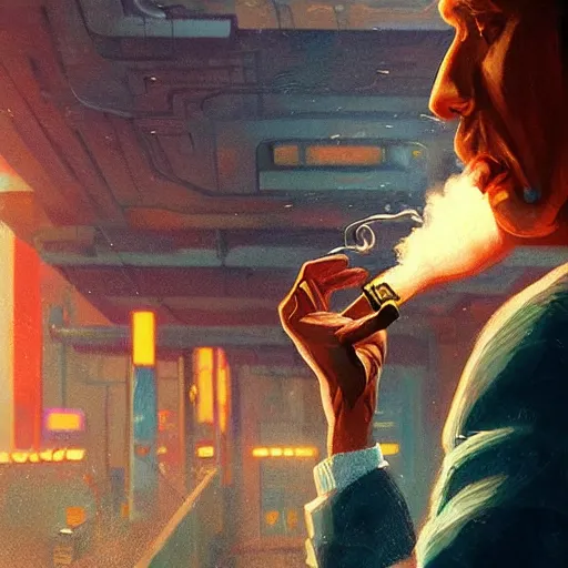 Image similar to An android smoking a cigar in a cyberpunk setting by Evgeny Lushpin, Trending on Artstation, 1980s Computer Graphics