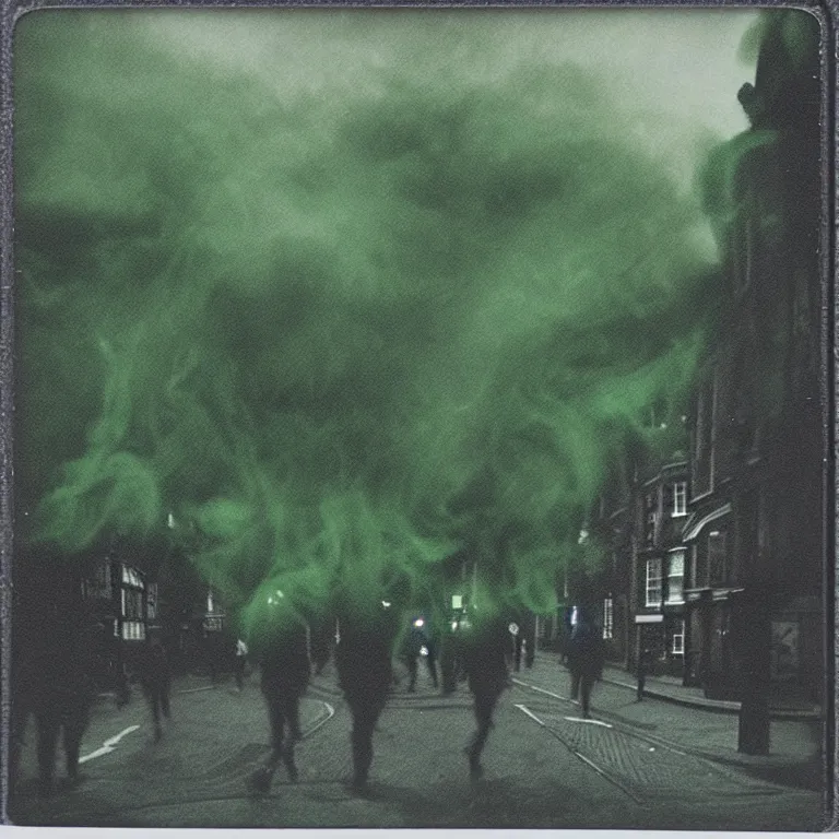 Image similar to black and dark green eldritch smoke and tendril monsters in a typical english high street. terrified people running and screaming. polaroid. photorealistic. highly detailed