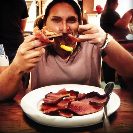 Image similar to lou perez eating bacon, realistic, high quality photo