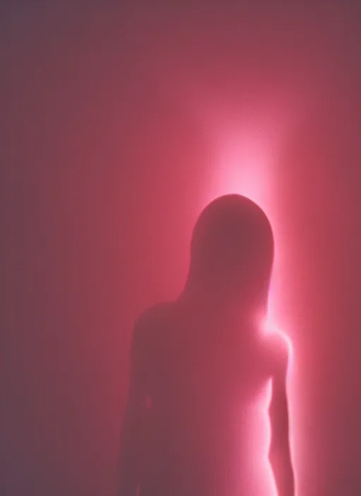 Image similar to a female silhouette, white glowing aura, diffraction grading, fog, film grain, cinematic lighting