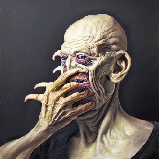 Image similar to Oil painting by Christian Rex Van Minnen of a portrait of an extremely bizarre disturbing mutated man with intense chiaroscuro lighting perfect composition