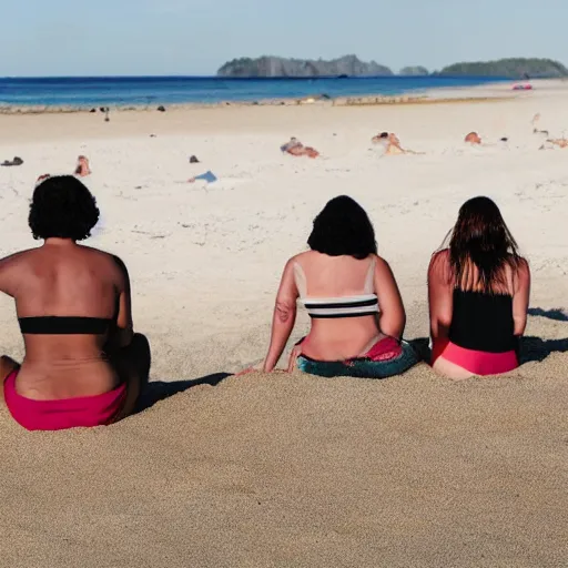 Prompt: portrait decontracted women sitting on beach sand