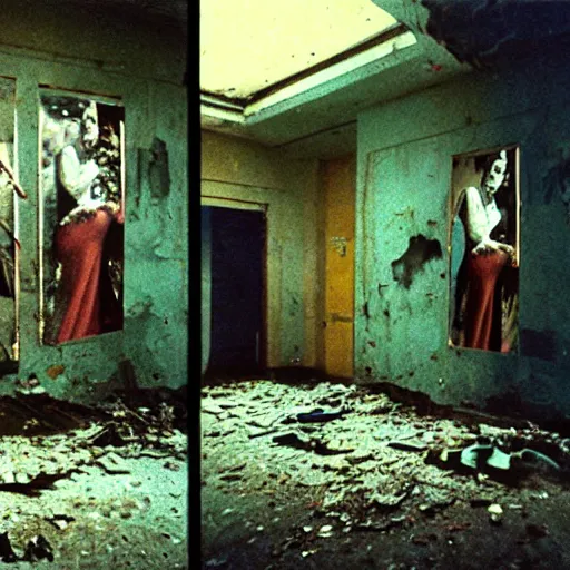 Image similar to 3 5 mm color photography, joel - peter witkin, beksinski, and stephen gammell, video still of abandoned government facility with floating woman with long hair glitch nightmare