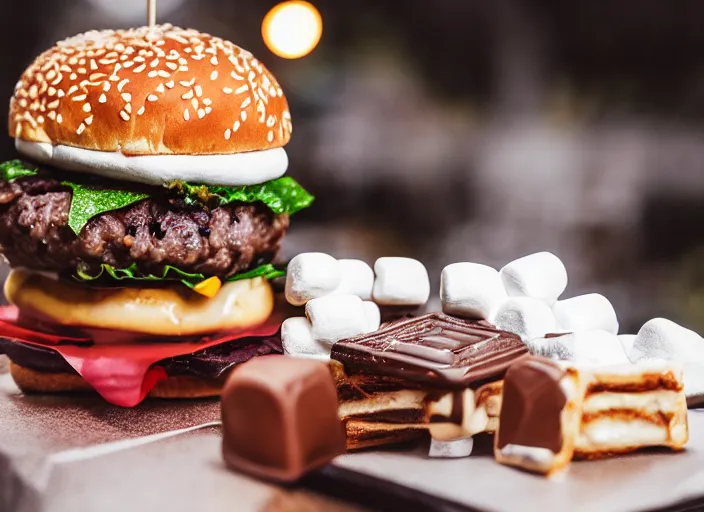 Image similar to dslr food photograph of burger with marshmallows and a chocolate bar in it, 8 5 mm f 1. 8