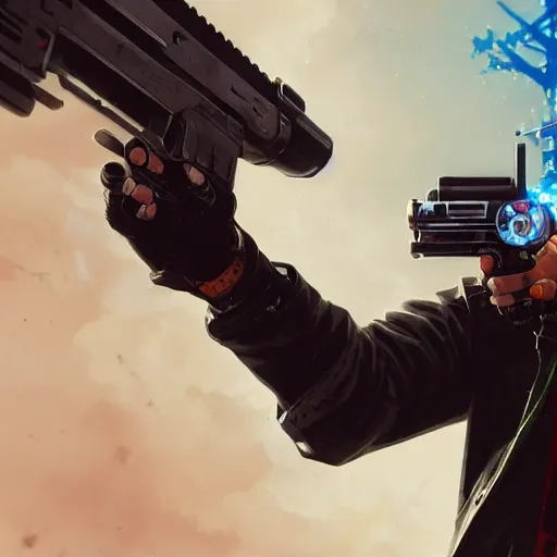 Prompt: close up illustration of a cyberpunk gunslinger pointing his gun shooting bullets, gungrave, anime, tri - gun, movie poster, very detailed, 8 k, by greg rutkowski,