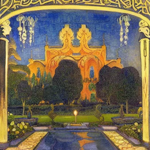 Prompt: beautiful garden at twilight by Annie Swynnerton and Nicholas Roerich and jean delville, glowing paper lanterns, strong dramatic cinematic lighting , ornate tiled architecture, lost civilizations, smooth, sharp focus, extremely detailed