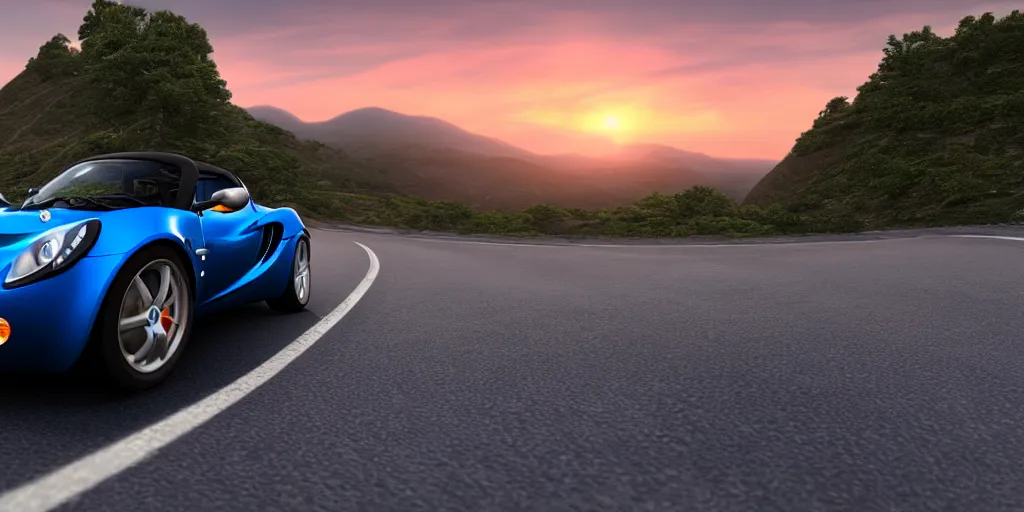 Prompt: blue lotus elise on a windy mountain road at sunset, ray tracing hdr render in unreal engine 5