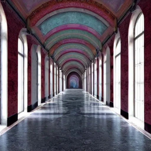 Image similar to a long colorful asylum hallway, arched ceiling, one point perspective, vanishing point, symmetrical composition, rich colors, dramatic lighting, by lee madgwick, photorealistic, v - ray render 8 k uhd