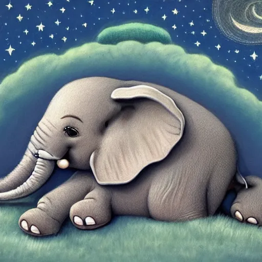 Image similar to a baby elephant sleeping soundly under a starry sky surrounded by savannah, illustration, detailed, smooth, soft, warm, by Adolf Lachman, Shaun Tan