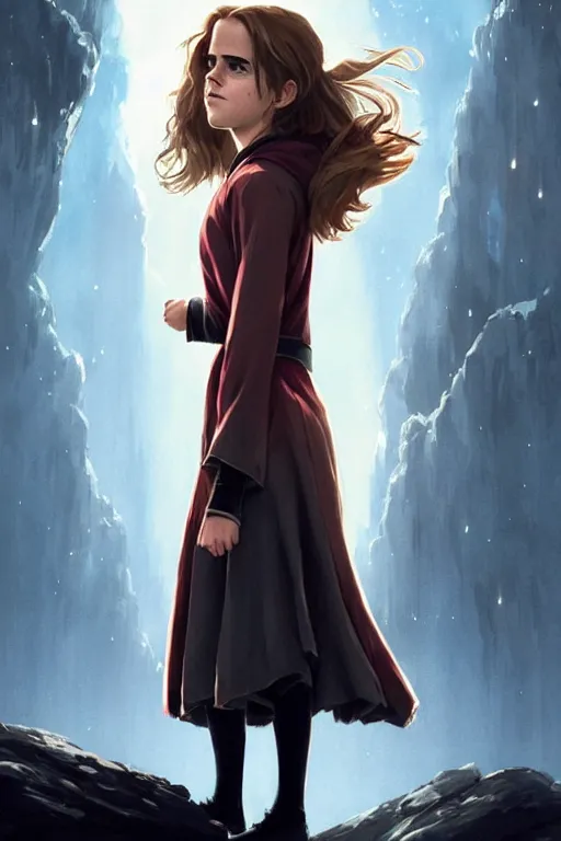 Prompt: Poster artwork, Emma Watson as Hermione Granger, wearing hogwarts!!! robes!!!, magnificent, close up, details, sharp focus, elegant, highly detailed, illustration, by Jordan Grimmer and greg rutkowski and PiNe(パイネ) and 薯子Imoko and 香川悠作 and wlop!!!! and maya takamura, intricate, beautiful, sunset!!!, Trending artstation, pixiv, digital Art