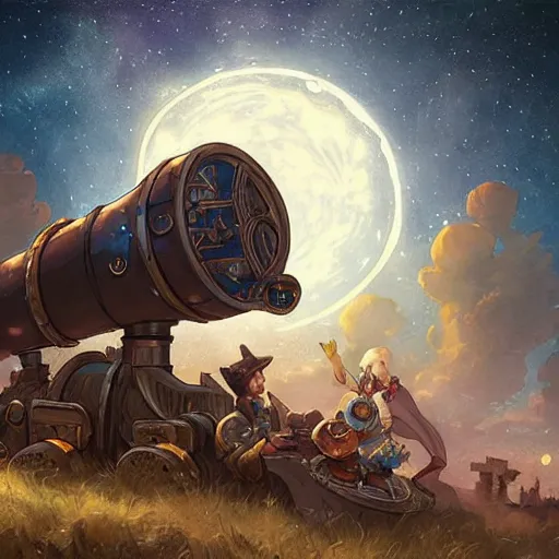 Image similar to steampunk telescope looking at the starry sky, hearthstone coloring style, by greg rutkowski, epic fantasy style art, fantasy epic digital art