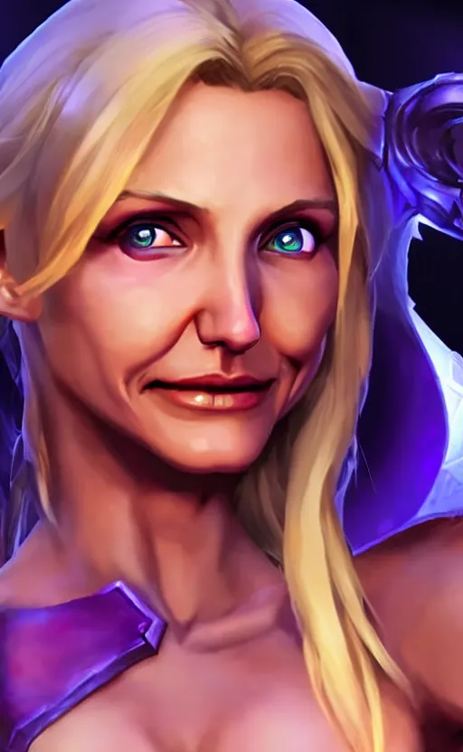 Image similar to Cameron Diaz as a character in the game League of Legends, with a background based on the game League of Legends, detailed face, old 3d graphics