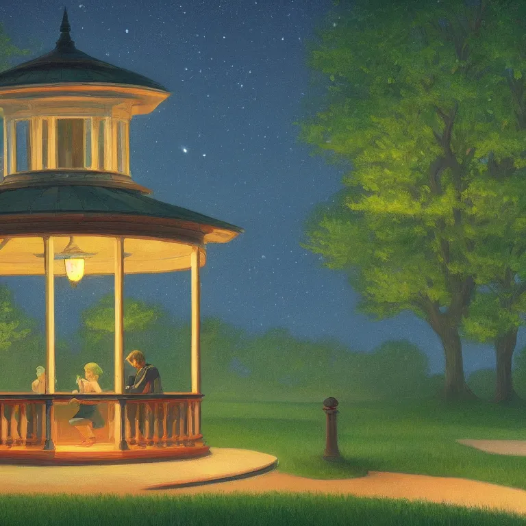 Prompt: a storybook illustration of a beautiful cozy moonlit gazebo, fireflies, quiet night foggy scene painted by Edward Hopper masterpiece, intricate, elegant, fantasy, highly detailed, digital painting, concept art, sharp focus, artstation