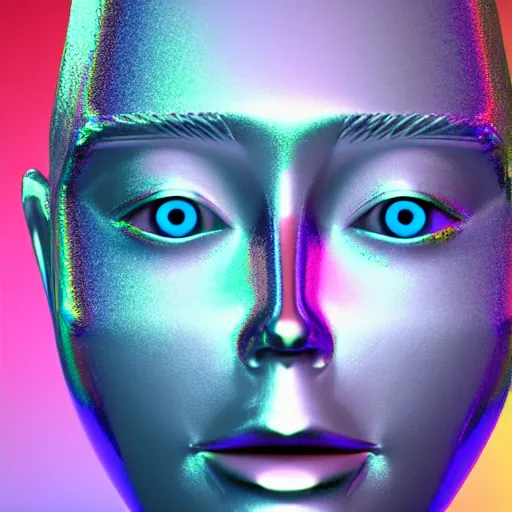 Image similar to 3d render of holographic human robotic head made of glossy iridescent, surrealistic 3d illustration of a human face non-binary, non binary model, 3d model human, cryengine, made of holographic texture, holographic material, holographic rainbow, concept of cyborg and artificial intelligence