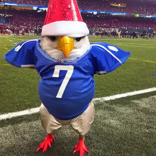 Prompt: an eagle with a party hat on and a philadelphia football jersey on,