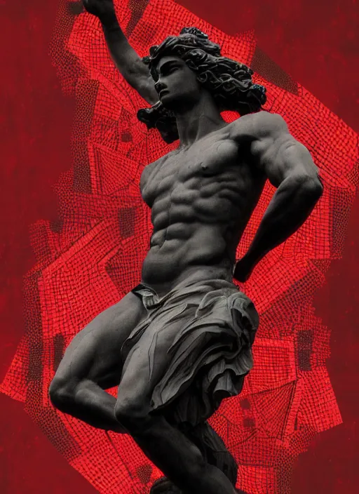 Image similar to black background with very subtle red and purple design elements, statue of david, powerful, nekro, graphic design, collage art, thin lines, dark, glitch art, neo vaporwave, gritty, layout frame, square, trending on artstation