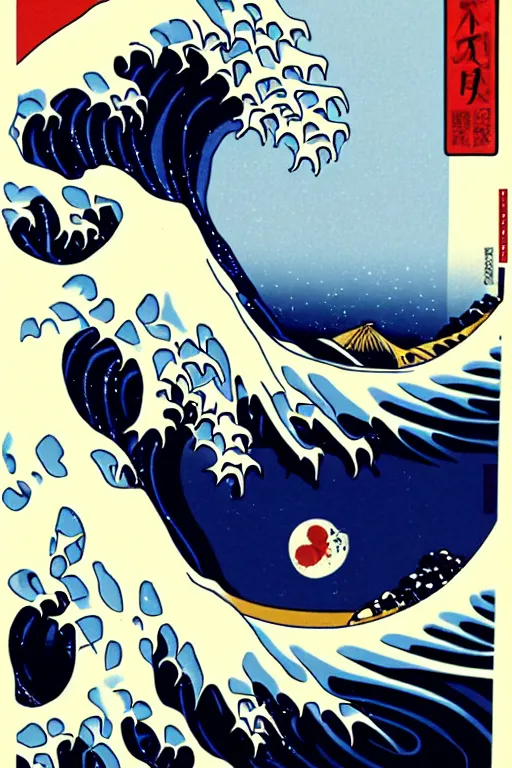 Prompt: Patrick Nagel and Shepard Fairey Poster of The Great Wave off Kanagawa