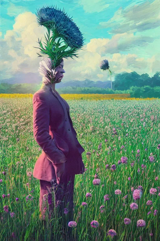 Prompt: portrait, huge thistle flower under head, girl in a suit in a field of flowers, surreal photography, sunrise, blue sky, dramatic light, impressionist painting, digital painting, artstation, simon stalenhag