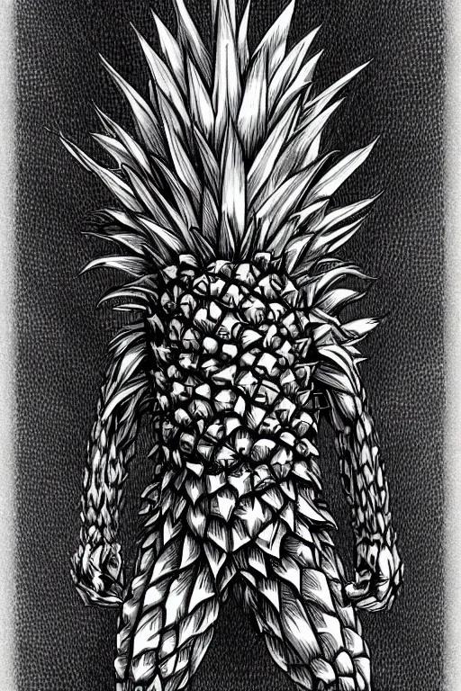 Image similar to pinapple humanoid figure monster, symmetrical, highly detailed, digital art, sharp focus, trending on art station, kentaro miura manga art style