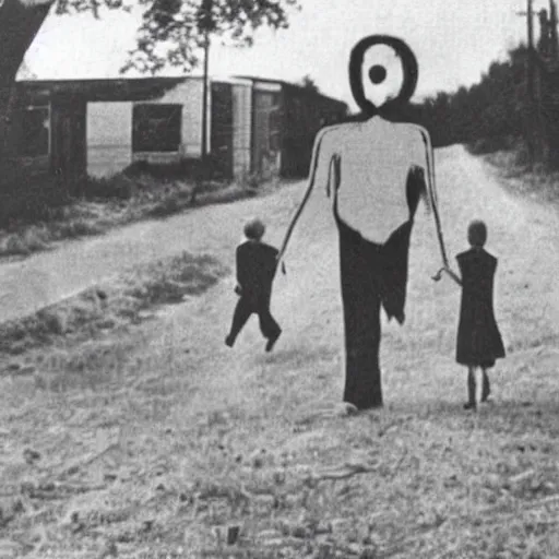 Image similar to a higly detailed album of scared children running slenderman from the 1940s, creepy, unsettling, bad quality, cursed image