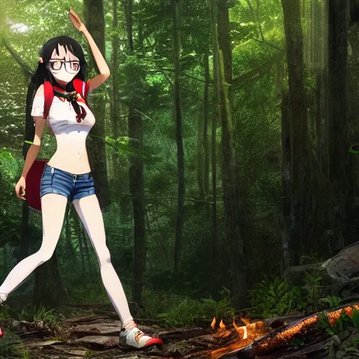 Image similar to nagatoro using white and red tight raglan sleeves, tight blue jeans and cool shoes in a tropical forest, epic fire ombre hair, artstation, 3 d ray tracing, lumen octane render flawless masterpiece