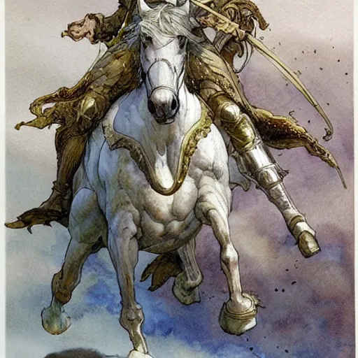 Image similar to a realistic and atmospheric watercolour fantasy concept art of a knight on a white horse, muted colors. by rebecca guay, michael kaluta, charles vess and jean moebius giraud,