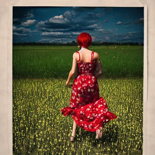 Prompt: longshot view showing face and body photorealistic pinhole photograph of a woman with red lipstick wearing a floral sleeveless strappy sundress holding a suitcase while running through a field, hyper realistic, insanely detailed, hdr, octane render, 8K, UHD, tintype, deckle edge, motion blur, by todd hido, -W 1024