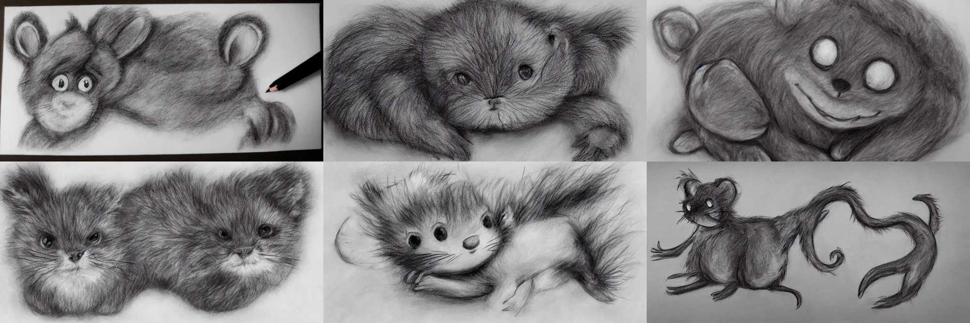 Prompt: cute clumsy creature charcoal drawing on a coarse paper, cartoon style, detailed fur, strokes