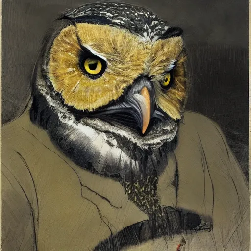 Image similar to obese physique feathered round beak Portrait of Henry James camouflaged as Owl whilst wearing a yellow tuxedo Standing atop a Garbage Truck Greg Rutkowski Vik Muniz clarence holbrook carter Andrew Wyeth Dan Witz