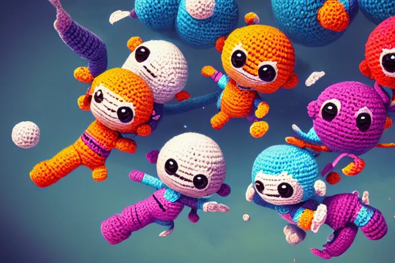 Prompt: an expedition of crochet cute astronauts climbing a yarn wall. cute, illustration, digital art, inspired by little big planet, by greg rutkowski, detailed, sharp, masterpiece, highly detailed, photorealistic, octane render, 8 k, unreal engine 5, trending on artstation, vivid colors, cinematic, close up