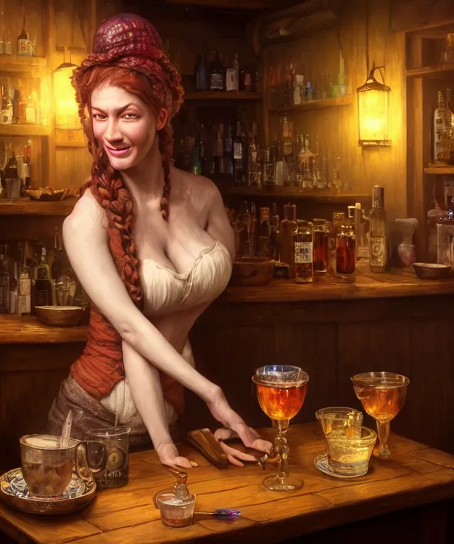 Prompt: hyperrealistic mixed media painting of a beautiful smiling charismatic barmaiden, dimly lit cozy tavern, confident relaxed pose, d&d, stunning 3d render inspired art by Gerlad Brom and Anna Dittmann + perfect facial symmetry + dim volumetric lighting, 8k octane beautifully detailed render, post-processing, extremely hyperdetailed, intricate, epic composition, grim yet sparkling atmosphere, cinematic lighting + masterpiece, trending on artstation, very very detailed, masterpiece, stunning