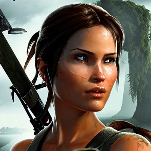 Image similar to dew, dew covers lara croft's face, focus on her face, sunlight