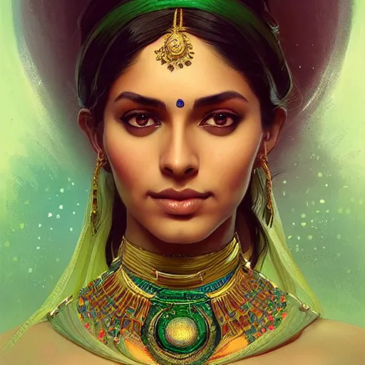 Prompt: Portrait of very very very very very very beautiful Indian woman, spacesuit, green eyes, intricate, elegant, highly detailed, digital painting, artstation, concept art, smooth, sharp focus, illustration, art by artgerm and greg rutkowski and alphonse mucha