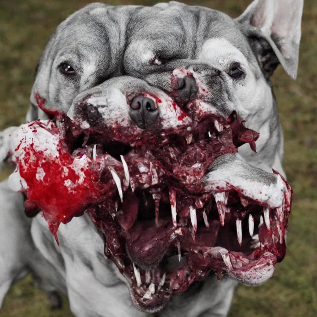 Image similar to horrifying and demonic dog with bloody fangs