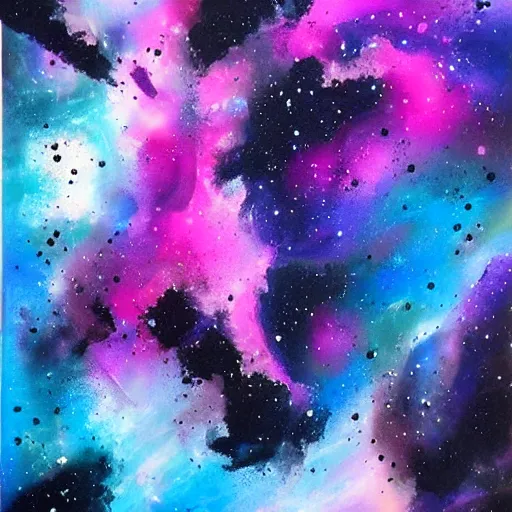 Prompt: abstract ink and acrylic painting, pouring, sprays, nebulae colors, black dark blue purple and pink color scheme, curves, starfield, artstation, pinterest