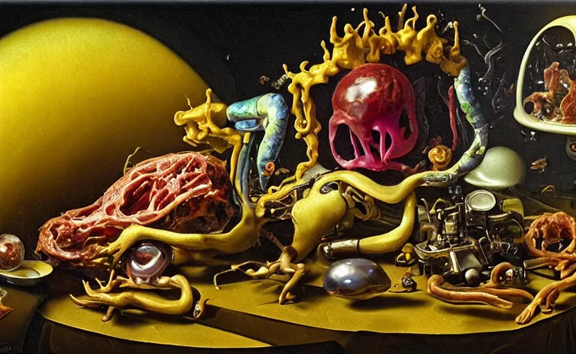 Image similar to terrifying alienbody, lurid colorful oil painting dutch golden age vanitas still life balanced composition with malignant objects strange gooey transparent surfaces shiny metal reflections bizarre mutant meat insects rachel ruysch dali todd schorr very detailed perfect composition rule of thirds masterpiece canon 5 0 mm, cinematic lighting, photography, retro, film, kodachrome