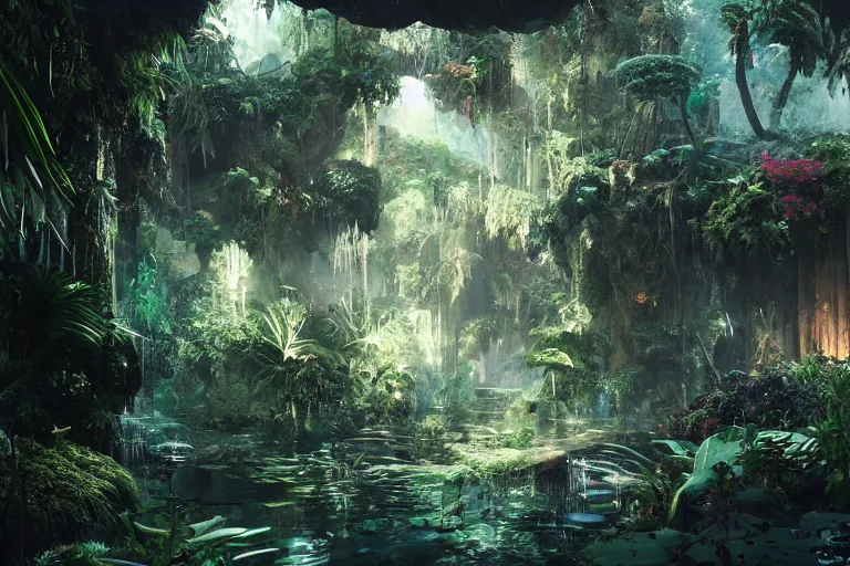 Image similar to the most amazing dream you ever had about subterranean jungle, hyper realistic, ambient lighting, concept art, intricate, hyper detailed, smooth, dynamic volumetric lighting, octane, cinematic