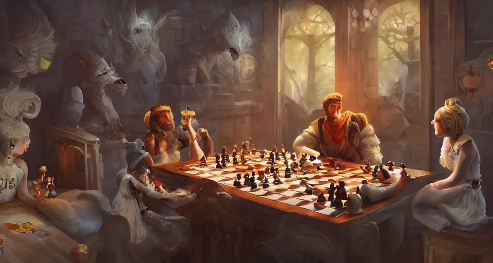 Image similar to in the land of playing cards, chess pieces and dominoes, game pieces come to life, storybook, beautiful, soft lighting, artstation,